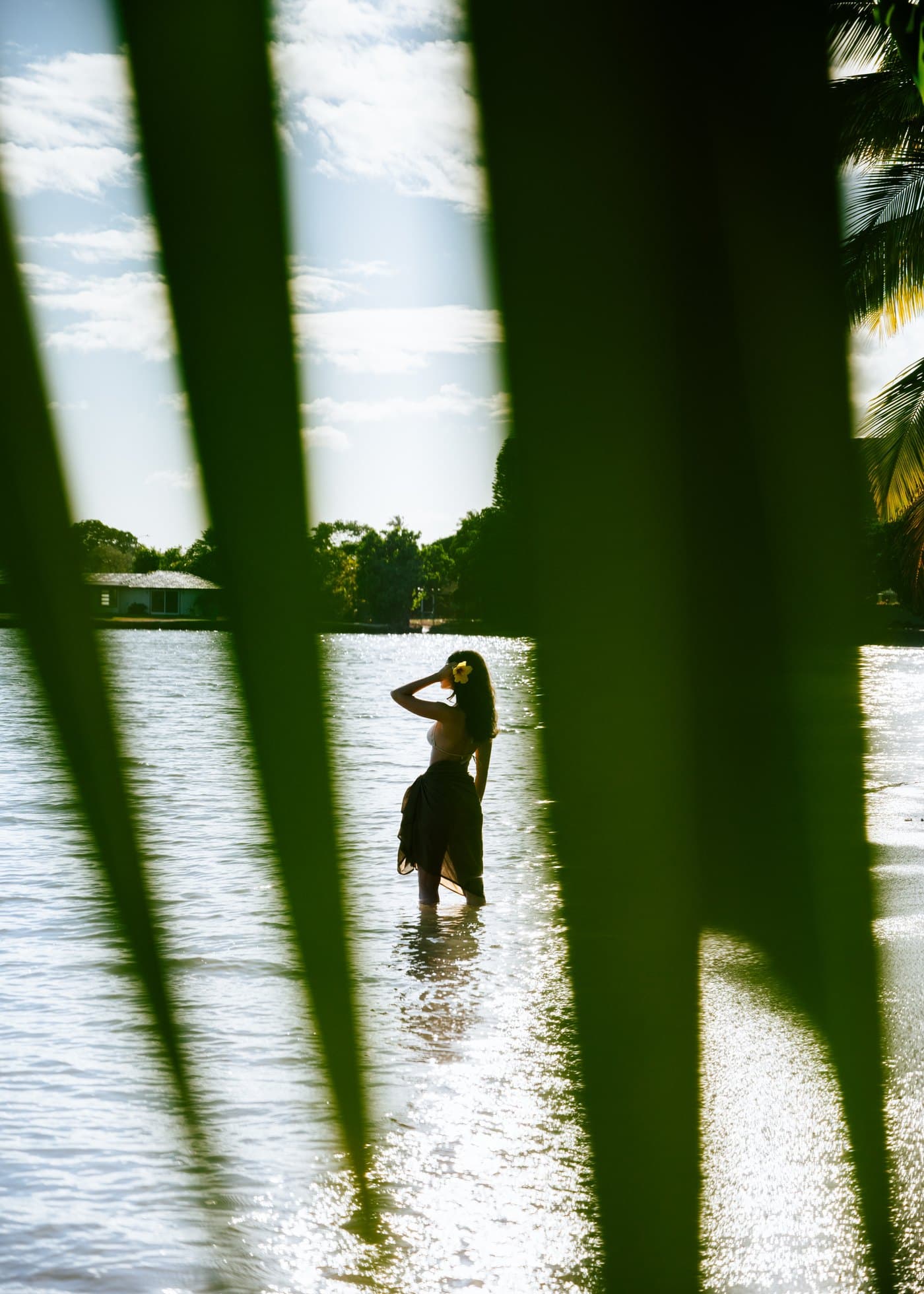 Model silhouetted in the water through palm fronds, backlit